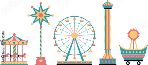 Amusement park rides, carousel, Ferris wheel, drop tower, pirate ship, spinning star ride, colorful funfair, carnival attractions, entertainment, leisure