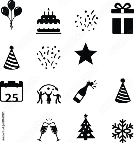 Set of 12 black and white party icons vector