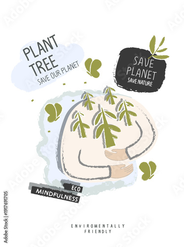 Vector cartoon sketch of hands supporting a forest as a sign of concern for the environment. Volunteers plant trees. Activities for environmental protection. Environmentally friendly planet concept
