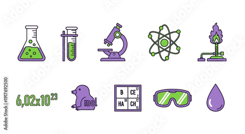 A collection of ten distinct purple and green sciencerelated icons arranged in two rows
