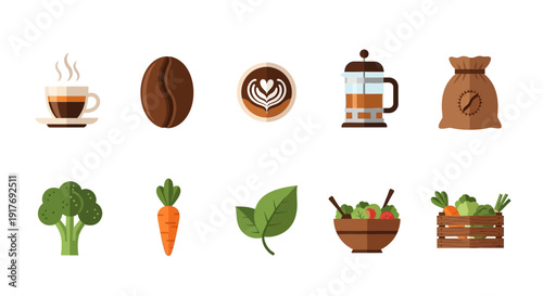 A horizontal layout of coffeerelated icons above fresh vegetable icons
