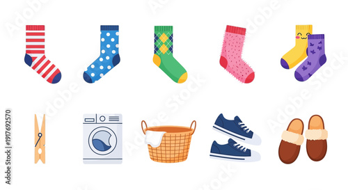 Assortment of socks laundry tools shoes and slippers on a white background