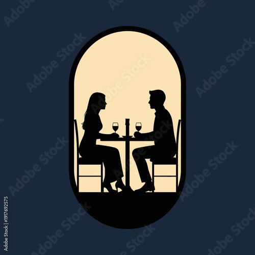 Silhouette of a couple on a romantic date at a restaurant.