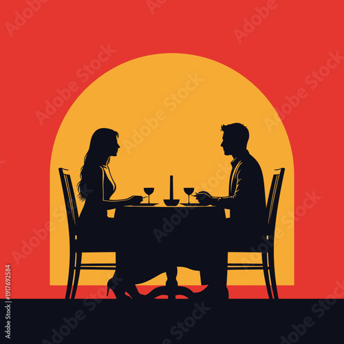 Silhouette of a couple on a romantic dinner date.