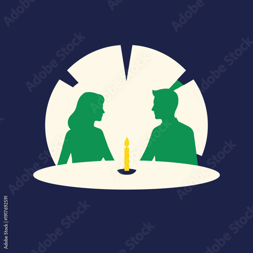 Obraz na plátně Silhouettes of a couple on a romantic candlelit dinner date.