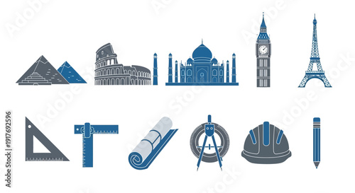 Architectural landmarks silhouettes and drafting tools in blue and gray