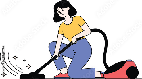 Cartoon illustration of person vacuuming floor, household cleaning concept, domestic chores, hygiene maintenance, vacuum cleaner equipment, sparkling clean interior