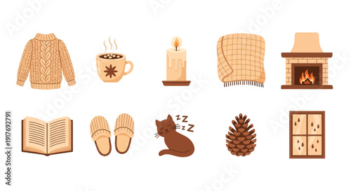 Cozy autumn icons sweater hot drink candle blanket fireplace book slippers cat pinecone rainy window