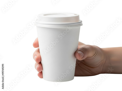Person holding a white disposable coffee cup isolated on transparent background