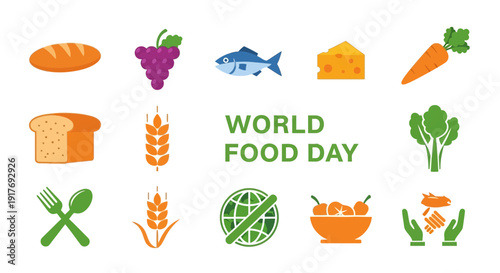 Graphic design for World Food Day featuring various food icons
