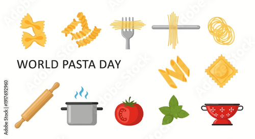 Graphic celebrating World Pasta Day with various pasta shapes and cooking elements