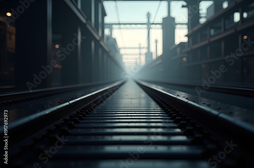 Railway Tracks Leading to a Distant Cityscape