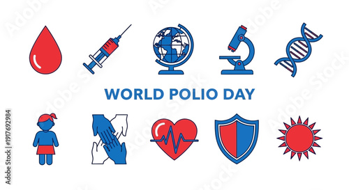 Graphic icons for World Polio Day featuring medical and global symbols in red and blue