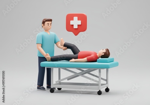 3D Cartoon Doctor Performing Physical Therapy on Patient on 3D White Background rehabilitation