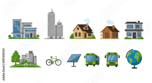 Icons representing sustainable urban development housing types transport and ecology