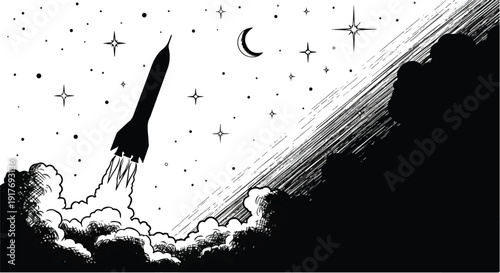Space rocket night moon technical sketch art