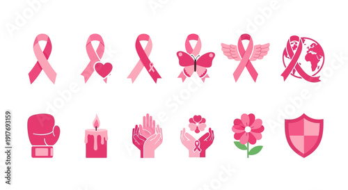 Pink ribbon icons depicting awareness support and health symbols on white background