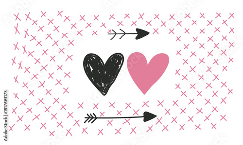 Romantic illustration featuring two hearts and arrows on a pink background