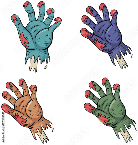 Cartoon zombie hands illustration, horror concept, Halloween design, creepy undead artwork, grotesque vector style, scary monster theme, spooky graphic art