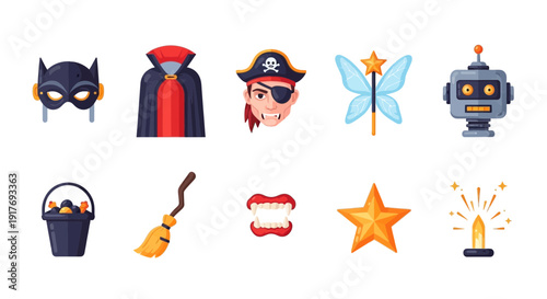 Ten flatstyle Halloween and costume icons arranged in two rows