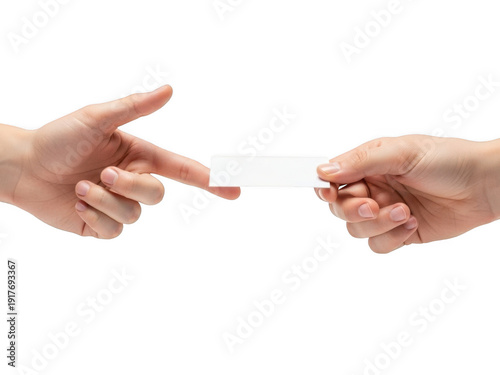 Two hands exchanging a blank white card isolated on transparent background