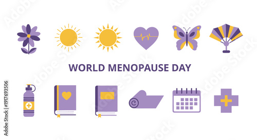 World Menopause Day icons with purple and yellow palette arranged in two rows