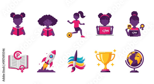 Ten vector icons depicting girls engaging in reading sports technology art and achievement