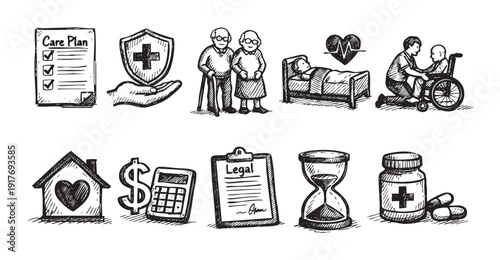 Hand-drawn doodle icons of elderly care related concepts. Topics include care plan, insurance, senior couple, hospital bed, wheelchair assistance, home care, costs, and medication.