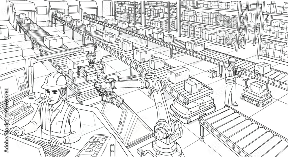 Obraz premium Industrial factory interior production line sketch