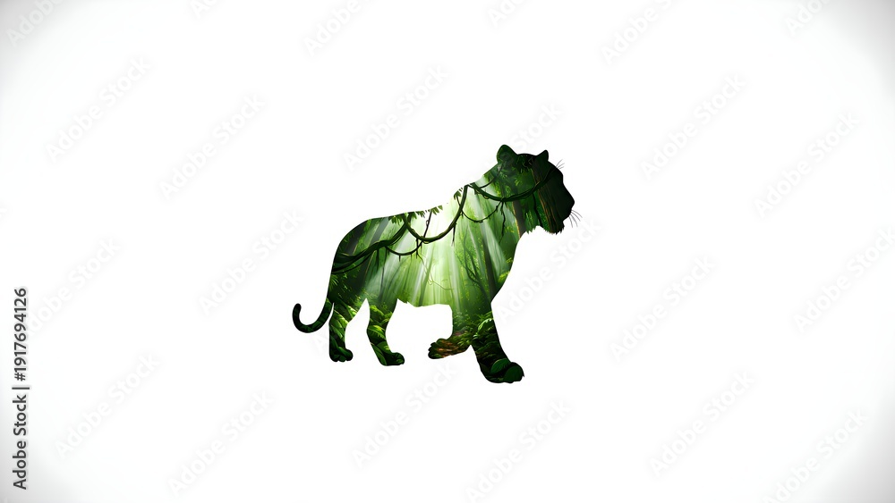 Fototapeta premium Silhouette profile of a majestic jungle cat filled with vibrant, sun-drenched rainforest imagery featuring lush green trees and hanging vines.