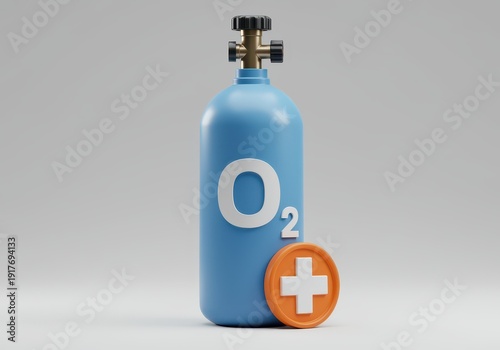 Blue Oxygen Tank with O2 Symbol and Medical Cross Icon on 3D White Background medical oxygen cylinder