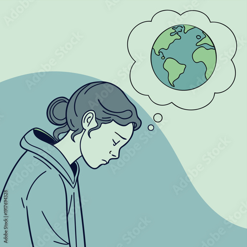 Soft pastel illustration of person looking at small Earth with concern symbolizing climate anxiety environmental awareness mental health and global responsibility concept