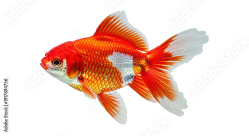 Isolated fancy goldfish in full body, a side view of a single tropical freshwater fish