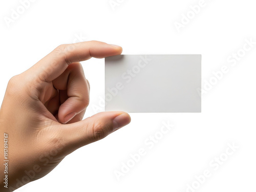 Hand holding a blank white business card isolated on transparent background