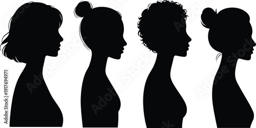 Female hairstyle silhouettes, profile icons, diverse hair styles, fashion vector, identity art, cultural design, beauty illustration, hairstyle artwork