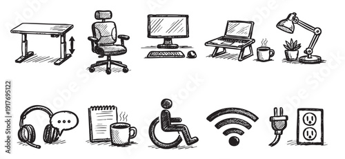 Black and white hand-drawn style icons depicting elements of a home office setup including furniture, electronics, and accessibility features. Ideal for illustrating articles or websites.