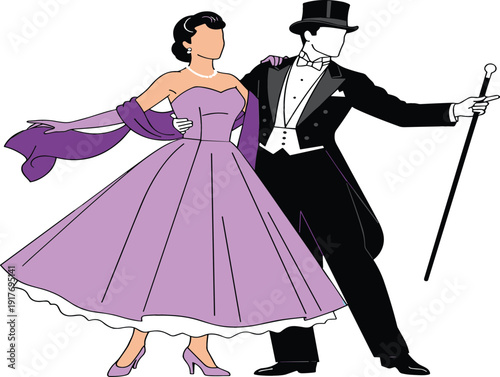 Vintage elegant couple in formal evening wear with woman in purple ballgown and man in tuxedo with top hat and cane vector