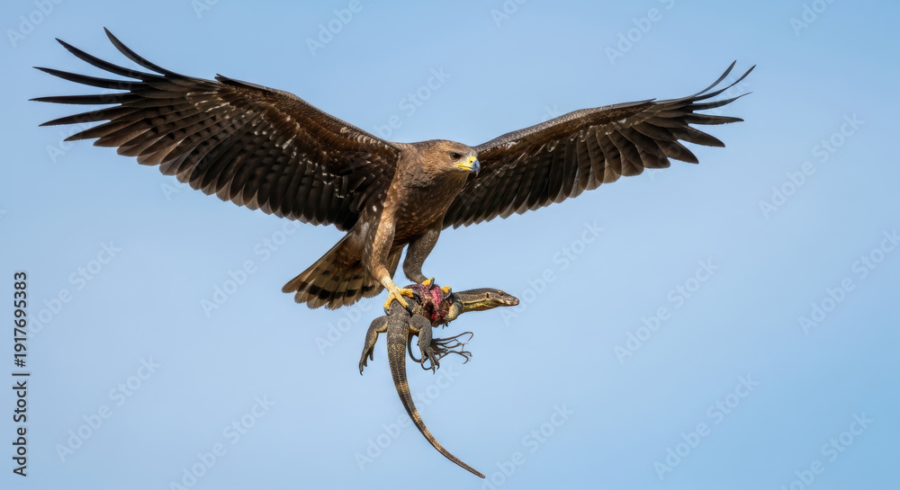 Obraz premium Eagle in Flight Carrying a Lizard