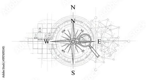 Compass navigation orientation technical sketch
