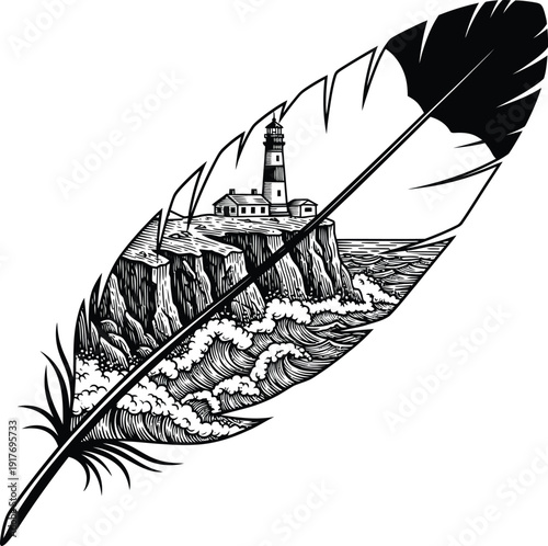 Feather with lighthouse and ocean waves illustration