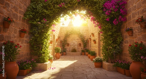 Stone archway adorned with vines and pink flowers leading to sunlit courtyard and fountain