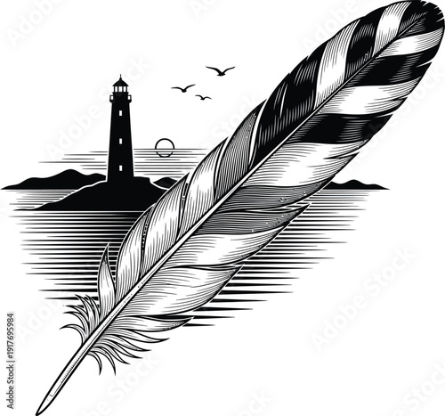 Feather with lighthouse seascape illustration