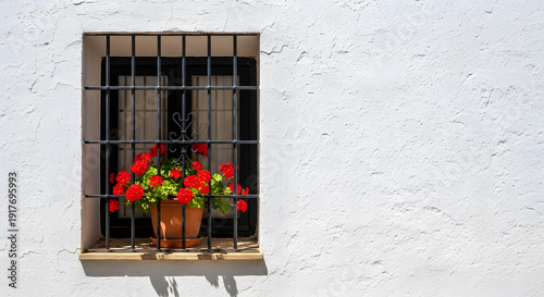 Traditional Andalusian window with black iron grille, terracotta