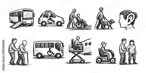 A collection of hand-drawn style vector icons depicting accessibility services, mobility assistance, and support. Includes ramps, taxis, wheelchairs, walking aids, and partnerships.