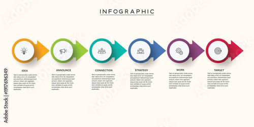 6 Stages Horizontal Arrow Process Infographic with Circular Icons.