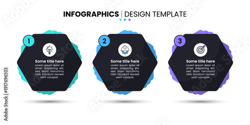 Infographic template. 3 dark hexagons with text and icons