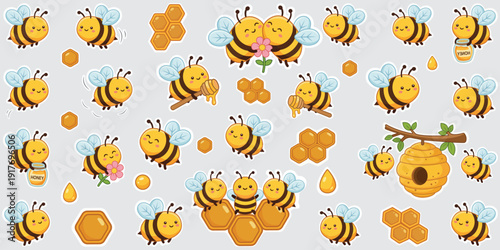 Buzzing Bliss: A charming illustration depicts a collection of happy bees, radiating joy and working harmoniously within their natural ecosystem.
