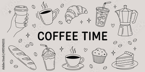 Coffee Time Delights: A whimsical ensemble of coffee-related elements, from steaming cups to delicious pastries, invites viewers into a world of cozy relaxation.