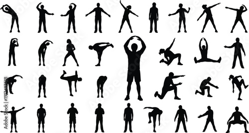 Silhouettes show many different exercise poses.
