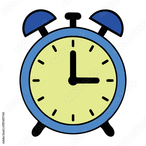 Vibrant blue alarm clock with yellow face and black hands